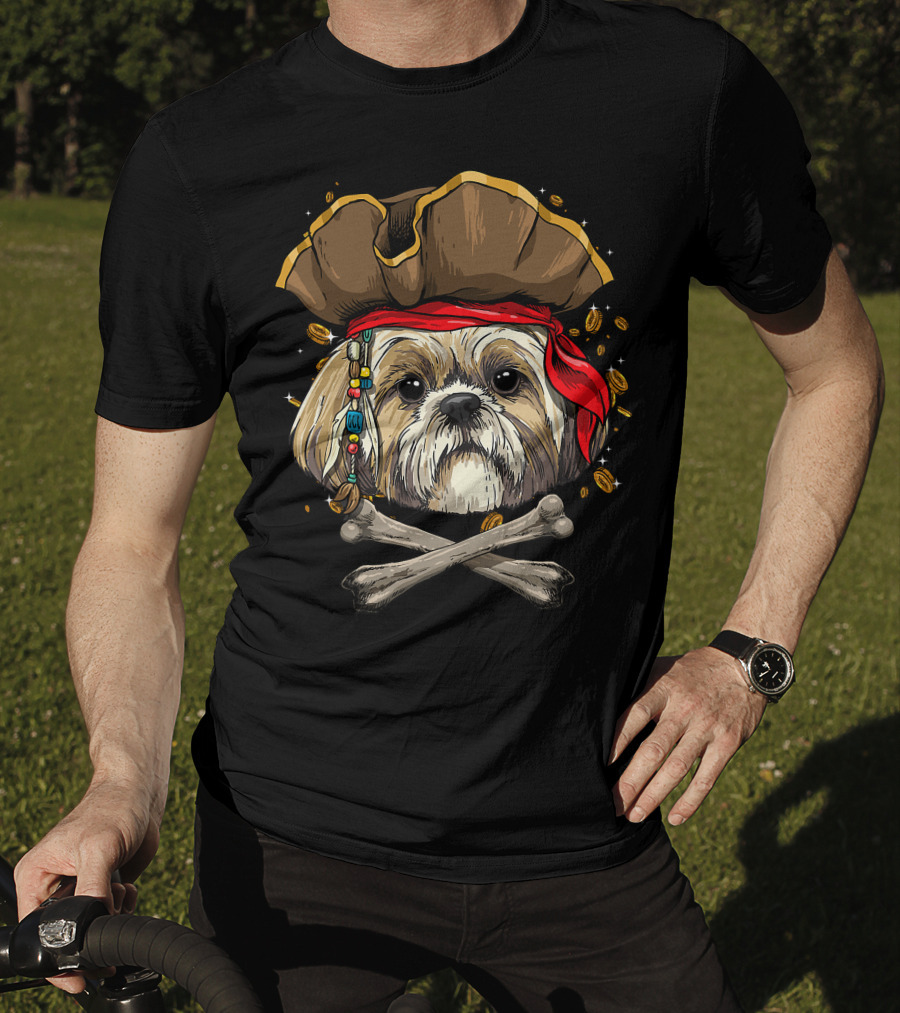 Shih Tzu Pirate Dog Jolly Roger Halloween With Skull And Crossbones T-Shirt