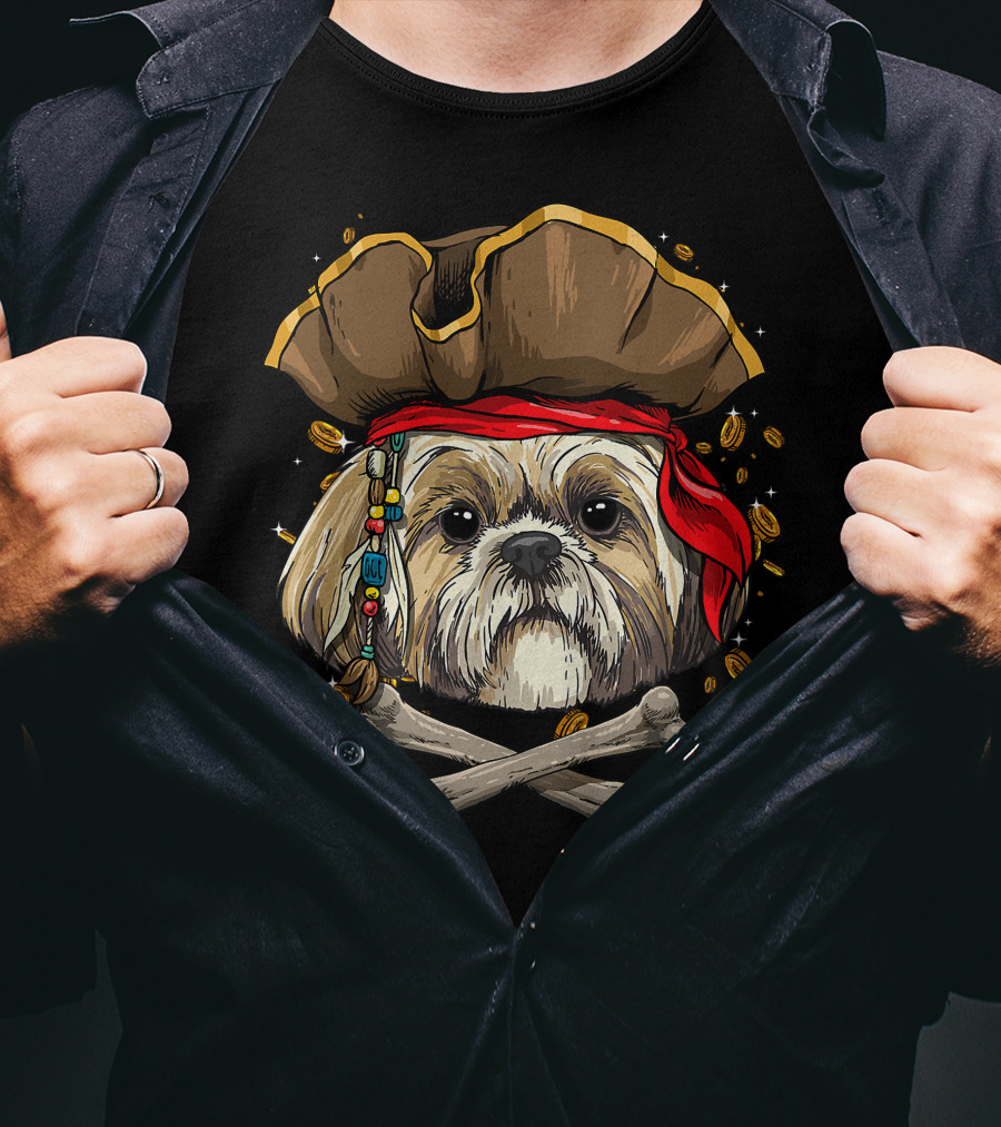 Shih Tzu Pirate Dog Jolly Roger Halloween With Skull And Crossbones T-Shirt