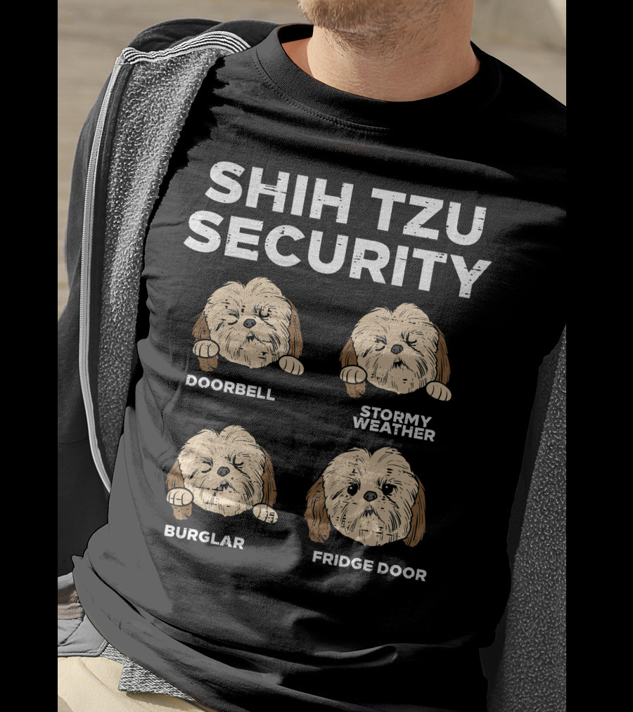 Shih Tzu Security Doorbell Stormy Weather Burglar Fridge Door Funny Dog Lover Owner T-Shirt