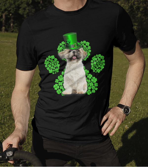 Shih Tzu With Shamrock Paw Prints And Green Hat For St Patrick's Day T-Shirt