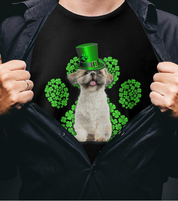 Shih Tzu With Shamrock Paw Prints And Green Hat For St Patrick's Day T-Shirt