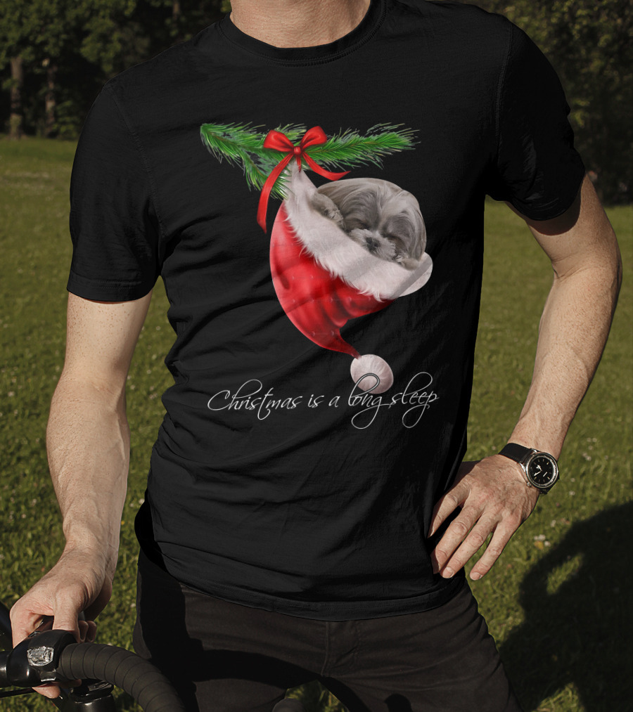 Shih Tzu Sleeping In Santa's Hat Christmas Is A Snuggly Dream T-Shirt