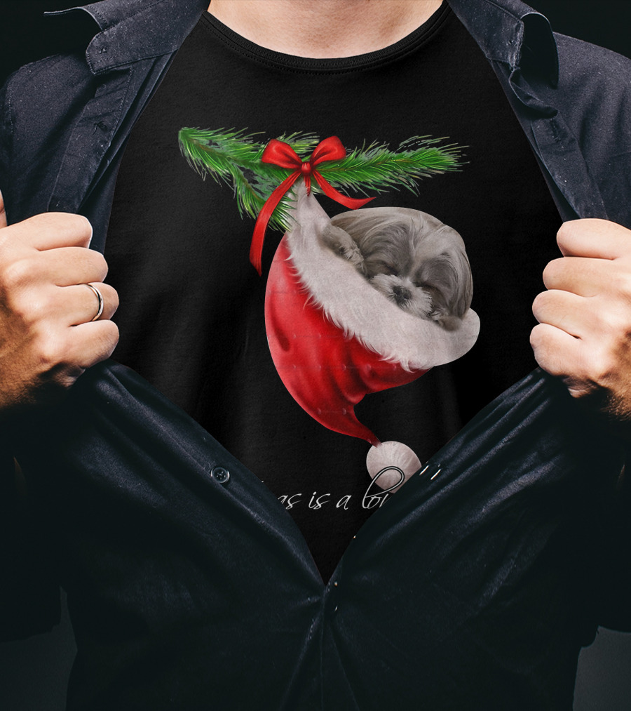 Shih Tzu Sleeping In Santa's Hat Christmas Is A Snuggly Dream T-Shirt