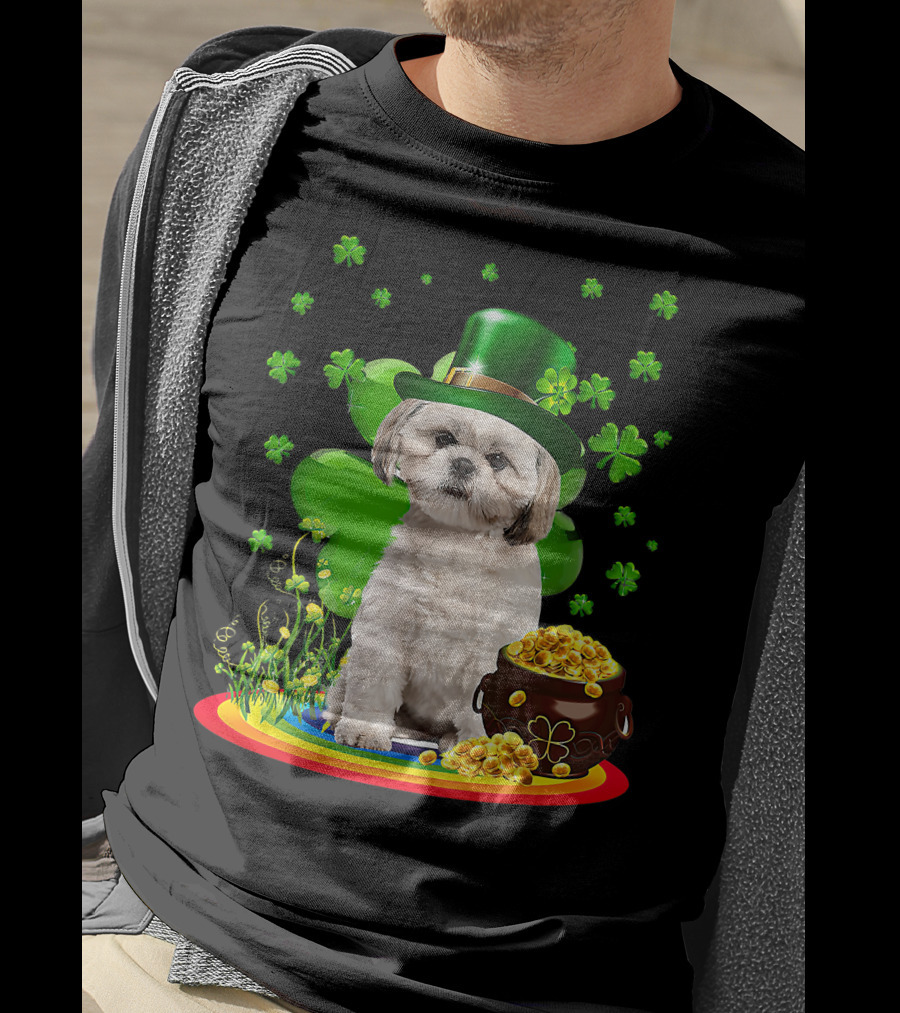 Shih Tzu Irish Shamrock St Patricks Day Lover With Pot Of Gold T-Shirt
