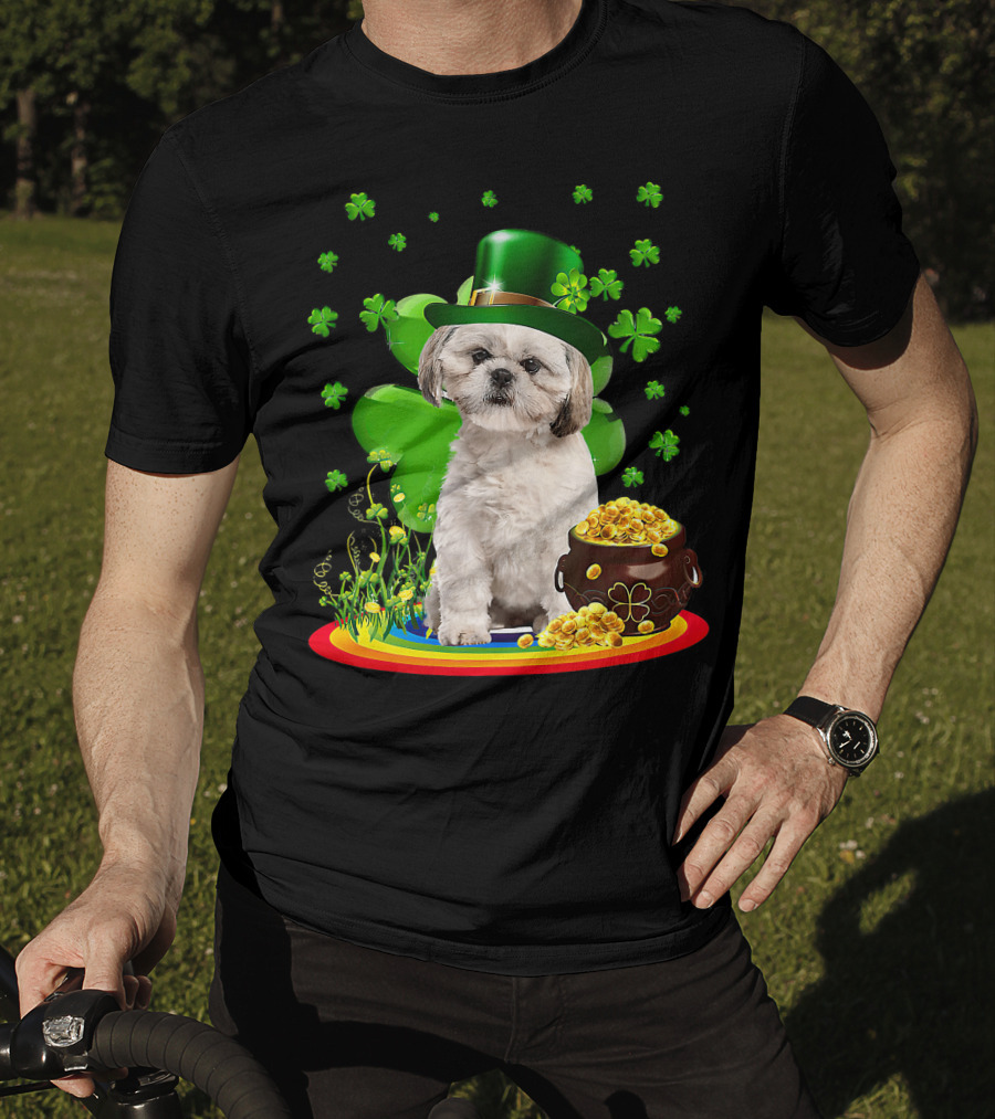 Shih Tzu Irish Shamrock St Patricks Day Lover With Pot Of Gold T-Shirt