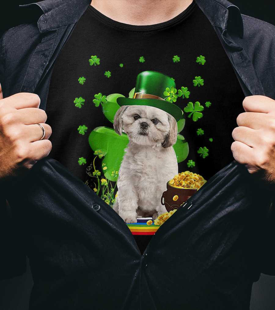 Shih Tzu Irish Shamrock St Patricks Day Lover With Pot Of Gold T-Shirt