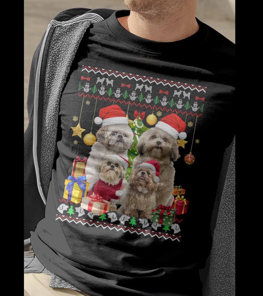 Shih Tzu Santa Hat Christmas Sweater Puppies And Presents T-Shirt