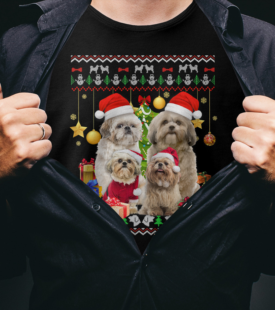 Shih Tzu Santa Hat Christmas Sweater Puppies And Presents T-Shirt