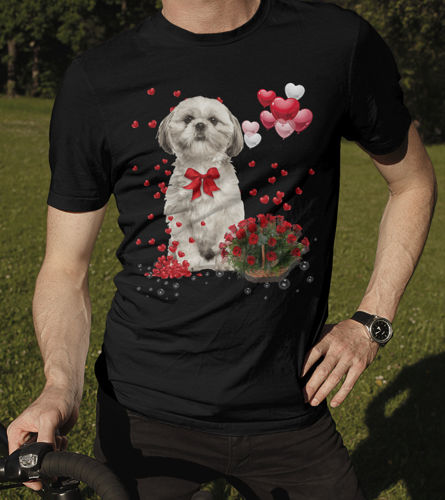 Shih Tzu Valentines Day Funny Dog Lover Happy Vale Roses Hearts Balloons T-Shirt