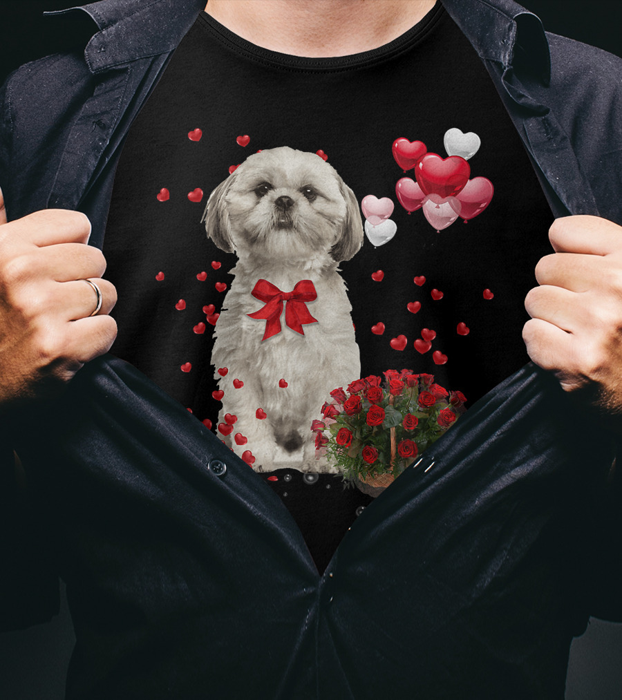 Shih Tzu Valentines Day Funny Dog Lover Happy Vale Roses Hearts Balloons T-Shirt