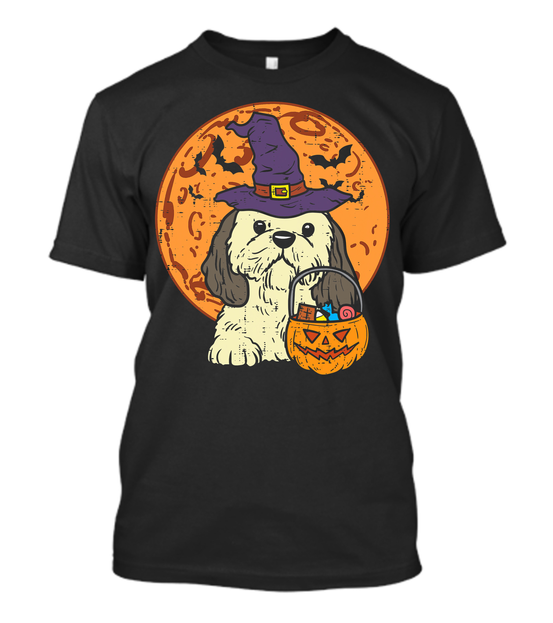 Shih Tzu Witch Hat Moon Jack O Lantern Halloween Dog T-Shirt