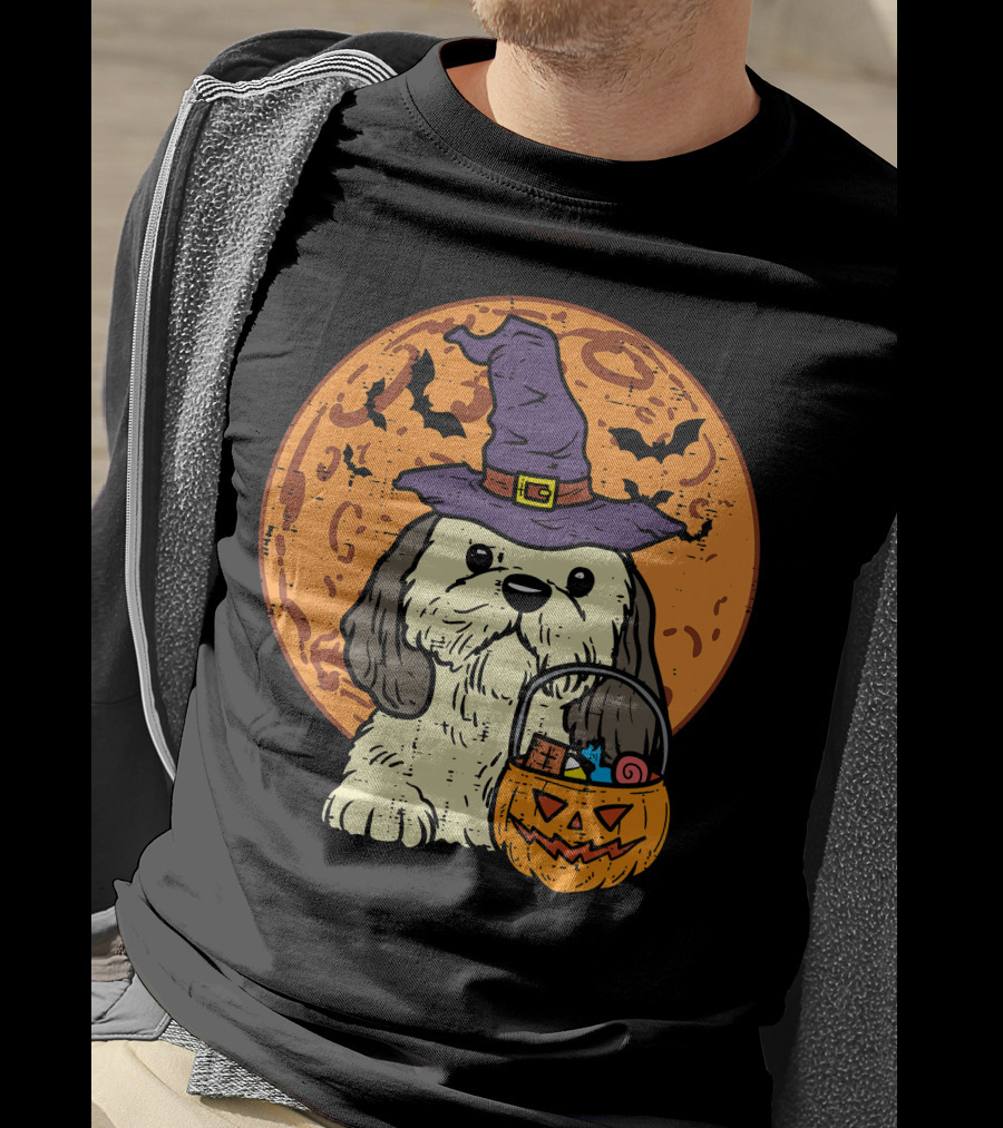 Shih Tzu Witch Hat Moon Jack O Lantern Halloween Dog T-Shirt