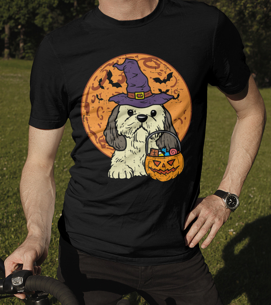 Shih Tzu Witch Hat Moon Jack O Lantern Halloween Dog T-Shirt