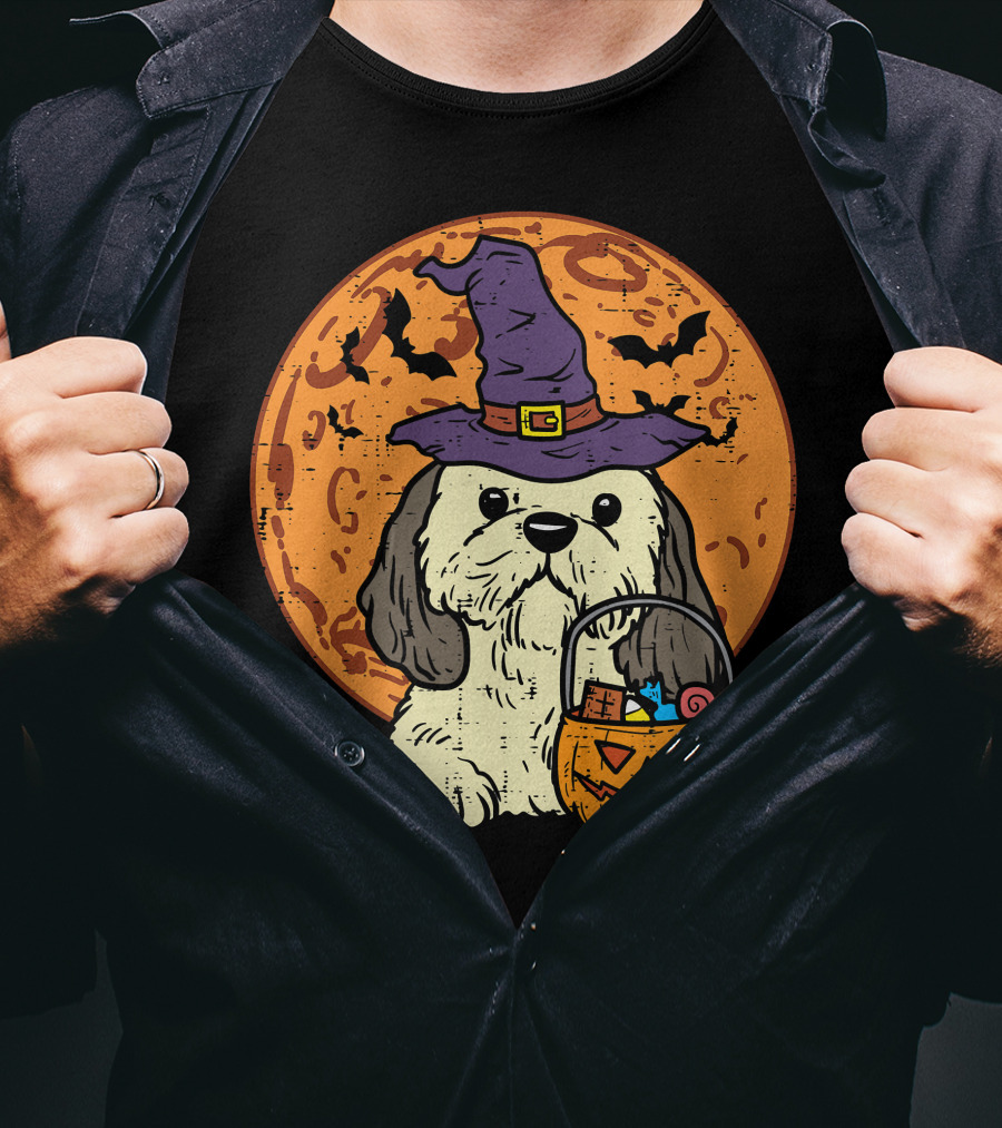 Shih Tzu Witch Hat Moon Jack O Lantern Halloween Dog T-Shirt