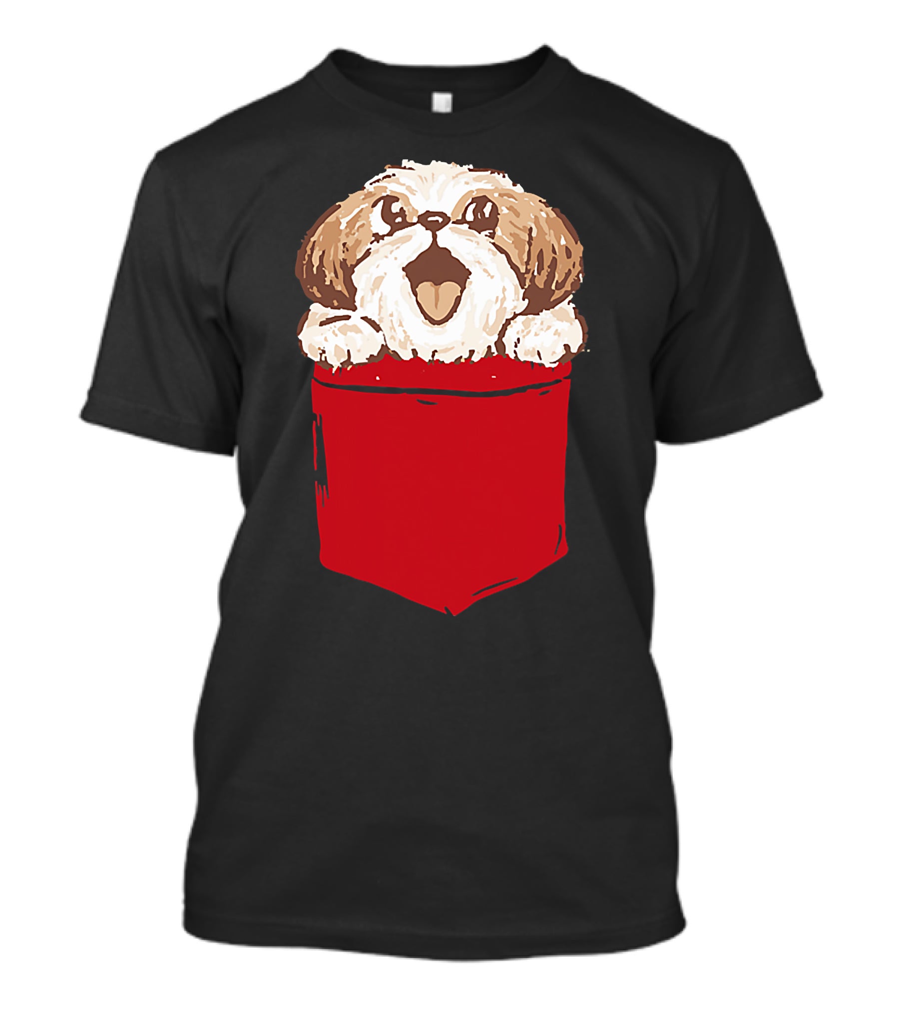 Shih-Tzu Puppy Dog Peeking Out Of Red Pocket T-Shirt
