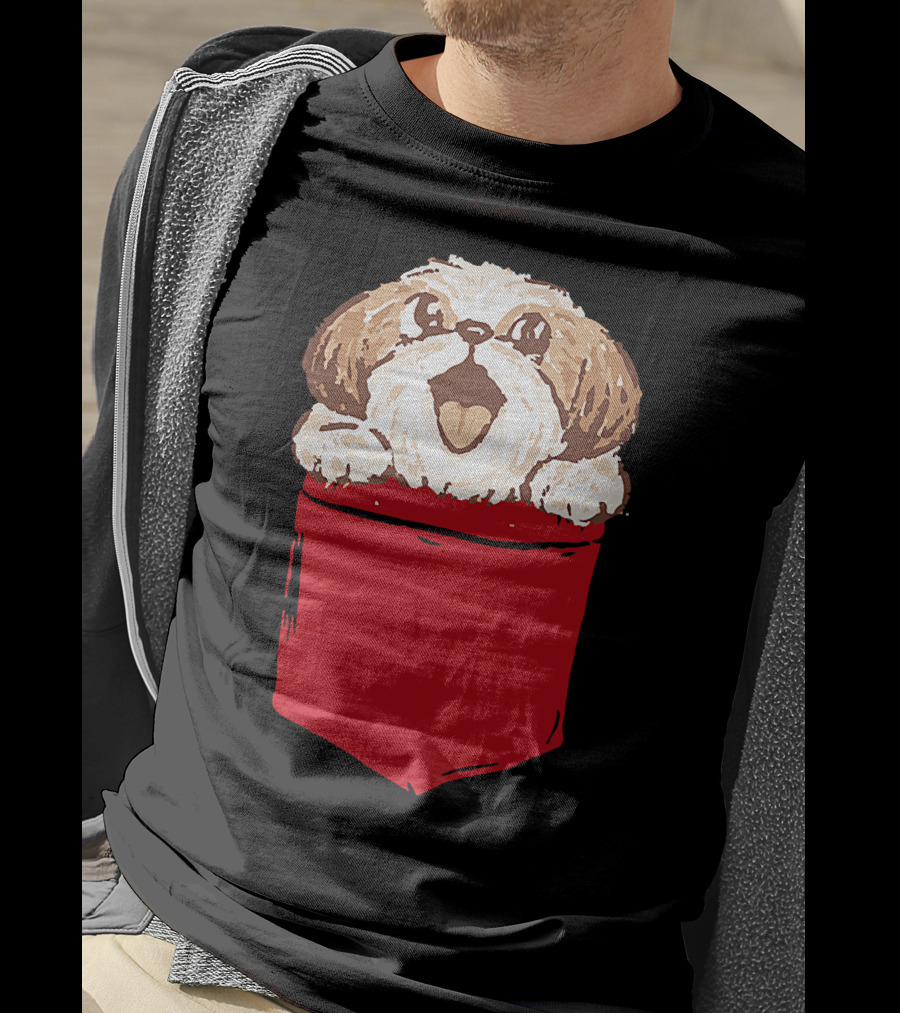 Shih-Tzu Puppy Dog Peeking Out Of Red Pocket T-Shirt