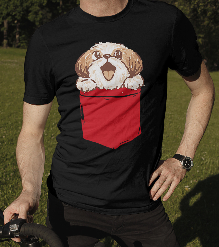Shih-Tzu Puppy Dog Peeking Out Of Red Pocket T-Shirt
