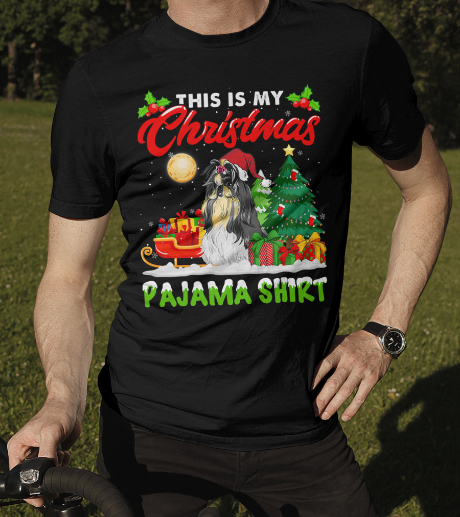 Christmas Pajama Shih Tzu Dog With Santa Hat And Presents T-Shirt