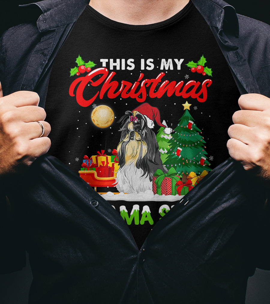 Christmas Pajama Shih Tzu Dog With Santa Hat And Presents T-Shirt