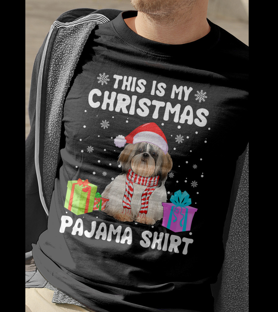 This Is My Christmas Shih Tzu Dog Pajama Puppy Love Santa Hat Presents T-Shirt