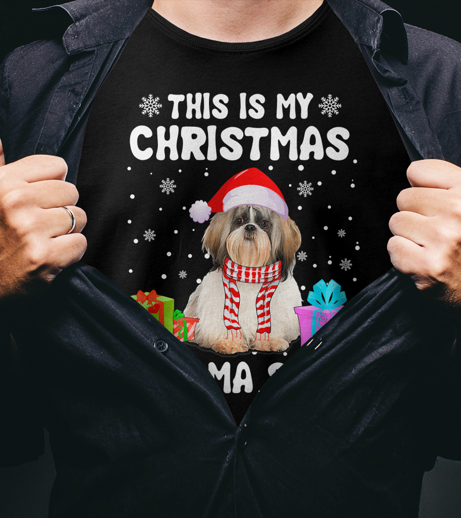 This Is My Christmas Shih Tzu Dog Pajama Puppy Love Santa Hat Presents T-Shirt