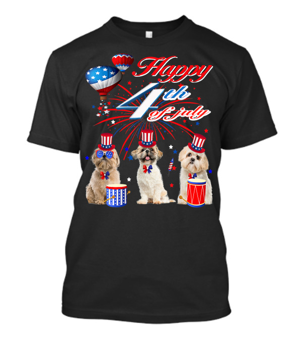 Happy 4th Of July Three Shih Tzu With American Flag Drums And Hats T-Shirt