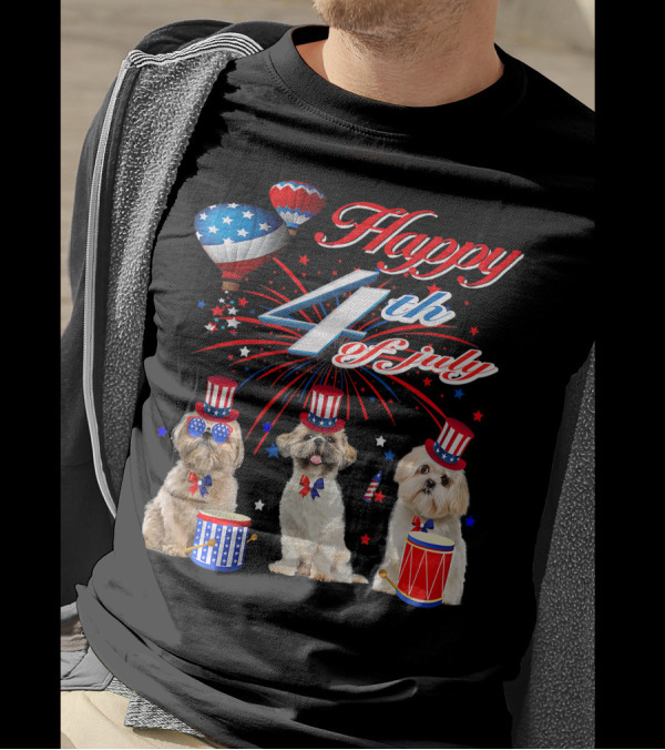 Happy 4th Of July Three Shih Tzu With American Flag Drums And Hats T-Shirt