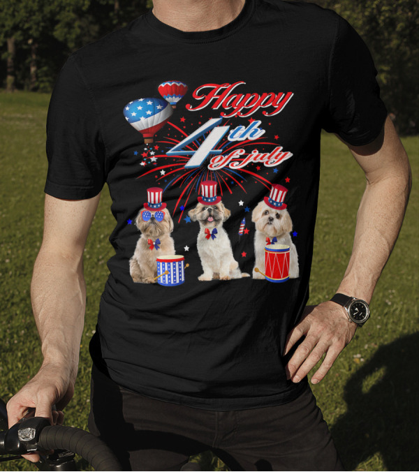 Happy 4th Of July Three Shih Tzu With American Flag Drums And Hats T-Shirt
