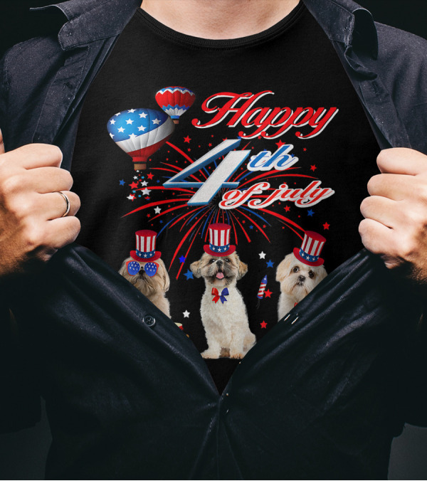 Happy 4th Of July Three Shih Tzu With American Flag Drums And Hats T-Shirt