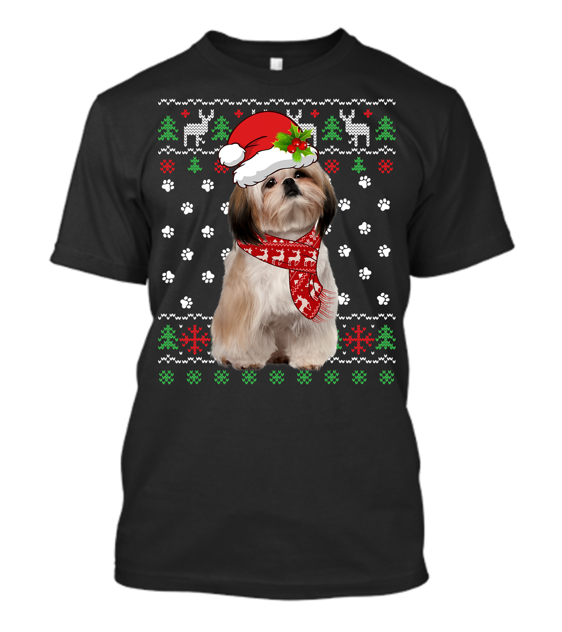 Christmas Shih Tzu Dog Puppy Ugly Sweater Santa Hat Reindeer Scarf T-Shirt