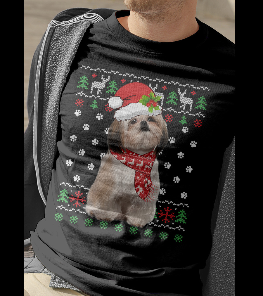 Christmas Shih Tzu Dog Puppy Ugly Sweater Santa Hat Reindeer Scarf T-Shirt