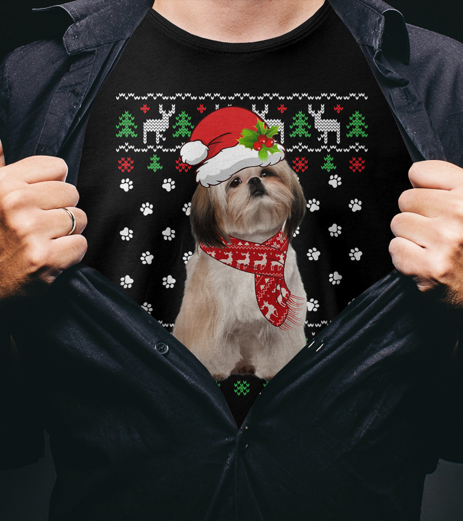 Christmas Shih Tzu Dog Puppy Ugly Sweater Santa Hat Reindeer Scarf T-Shirt