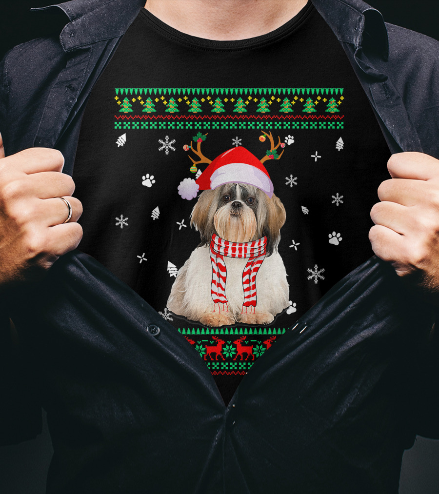 Ugly Sweater Christmas Shih Tzu Dog Santa Reindeer Hat Scarf Festive T-Shirt