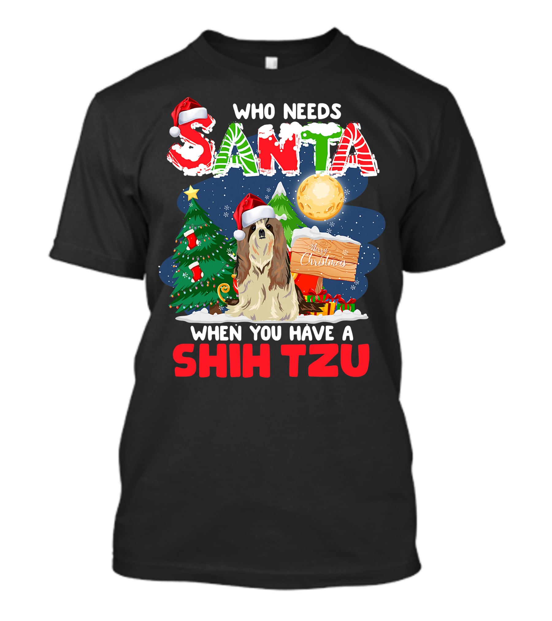 Santa Shih Tzu Merry Christmas Tree Moon Holiday T-Shirt
