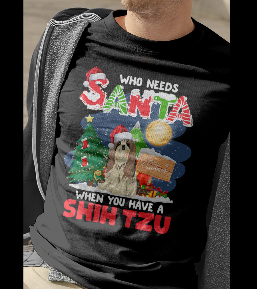Santa Shih Tzu Merry Christmas Tree Moon Holiday T-Shirt