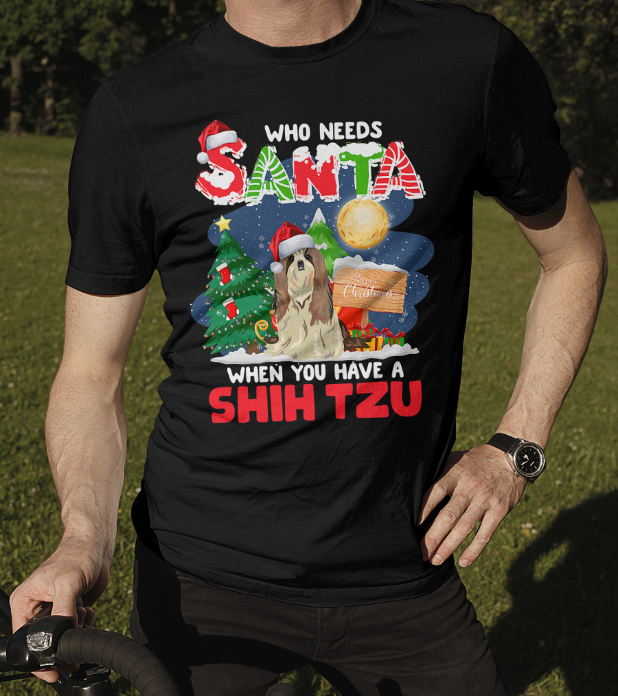 Santa Shih Tzu Merry Christmas Tree Moon Holiday T-Shirt