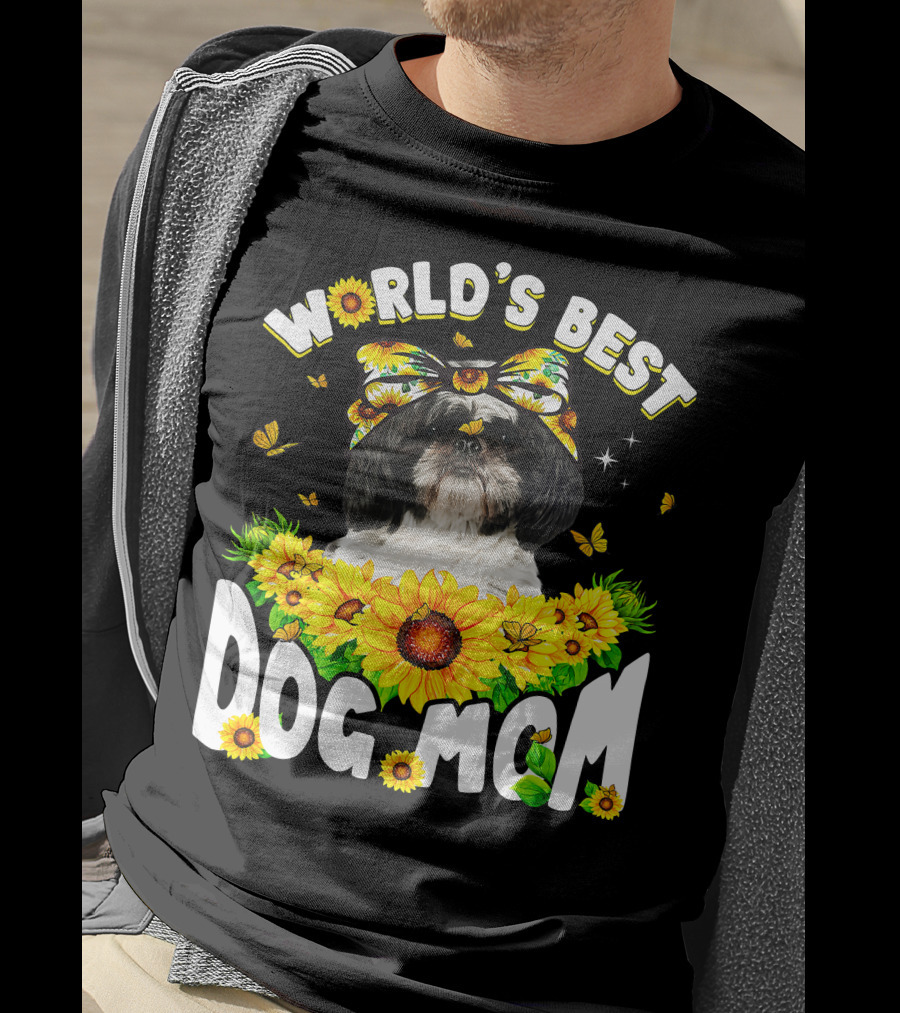 World's Best Shih Tzu Dog Mom Sunflowers And Butterflies T-Shirt