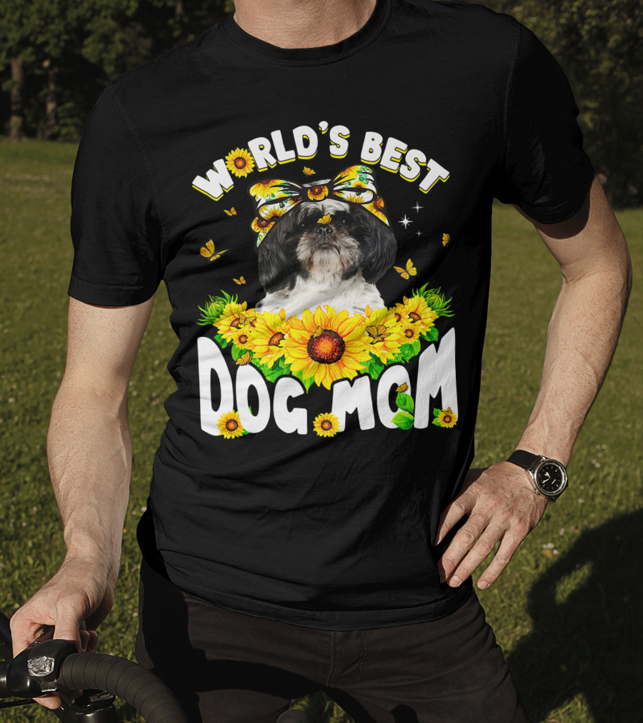 World's Best Shih Tzu Dog Mom Sunflowers And Butterflies T-Shirt