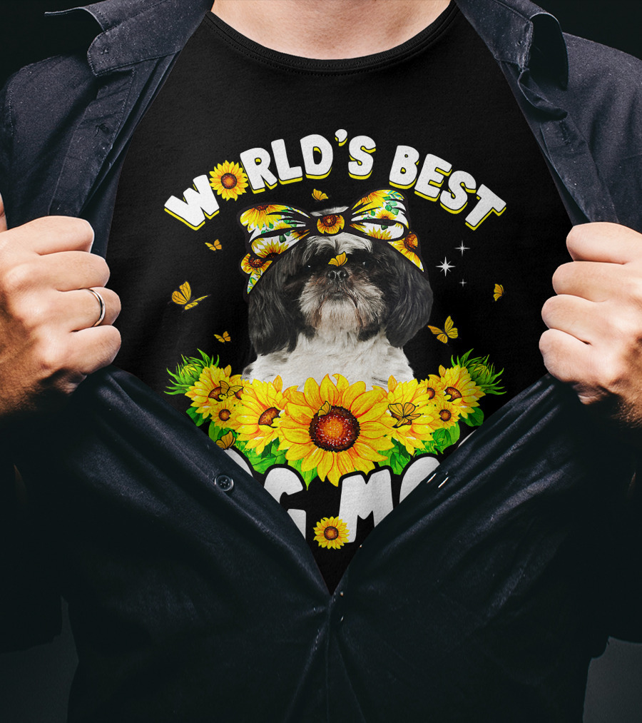 World's Best Shih Tzu Dog Mom Sunflowers And Butterflies T-Shirt