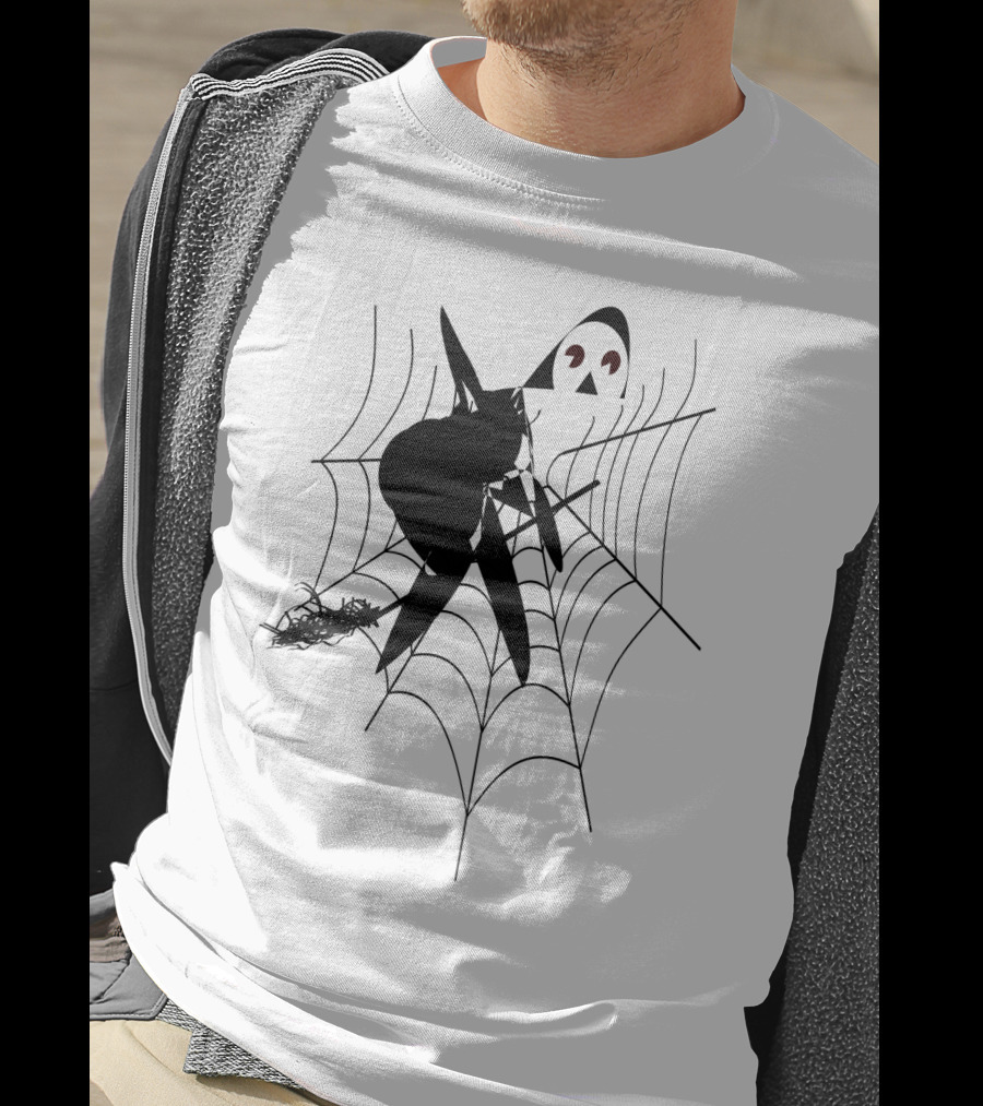 The Witch's House Spiderweb Logo Black Cat And Broomstick Silhouette Halloween T-Shirt