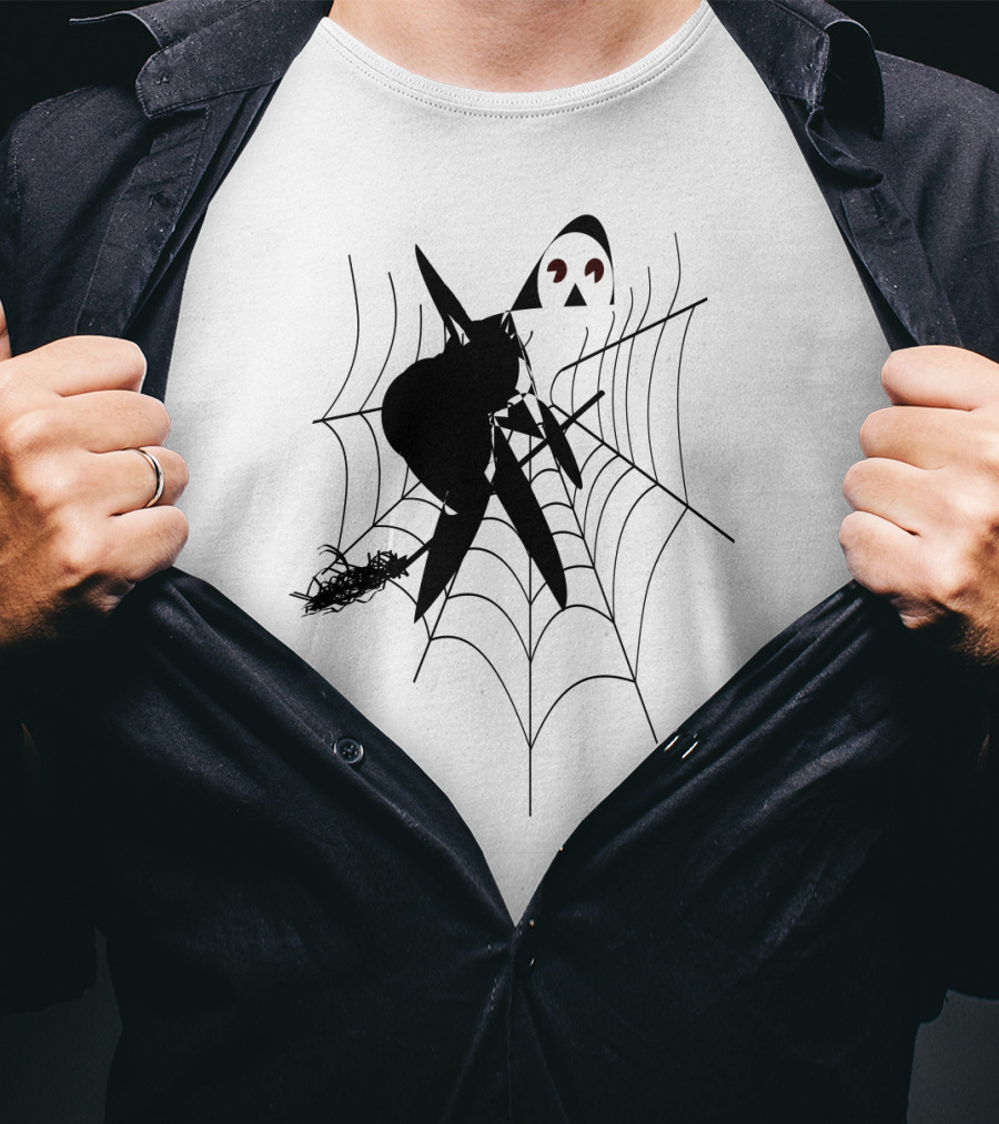 The Witch's House Spiderweb Logo Black Cat And Broomstick Silhouette Halloween T-Shirt