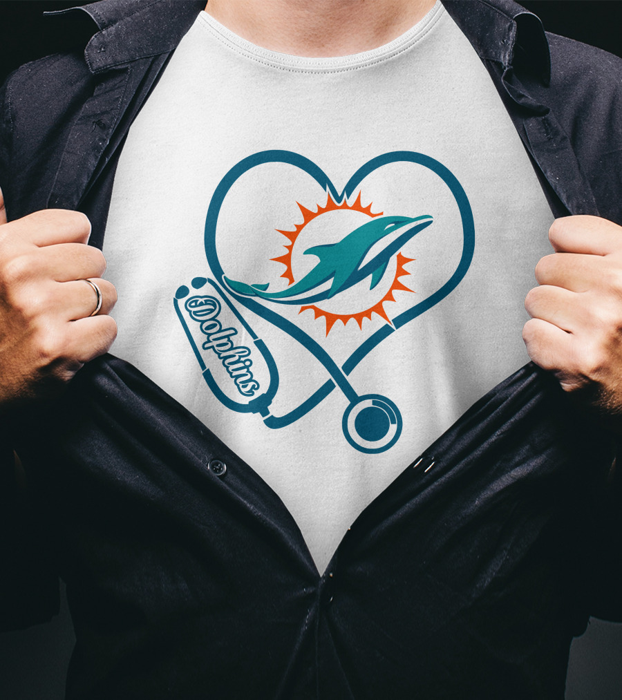 Nurse Heartbeat Miami Dolphins Stethoscope T-Shirt