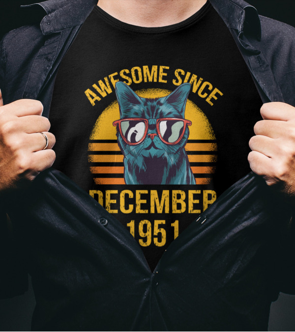 Awesome Cat Dad Since December 1951 Retro Sunglasses T-Shirt